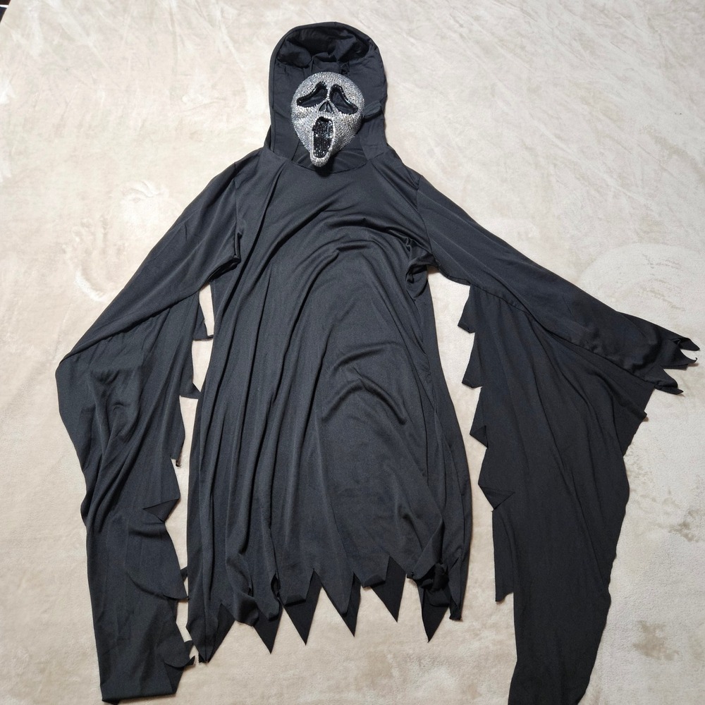 Sexy Bling Ghost Face Scream Costume Rhinestone Mask Robe Black Womens